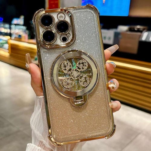 Funda con soporte giratorio para iPhone 14 Pro Max con purpurina degradada (dorada)