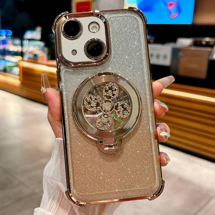 Funda con soporte giratorio para iPhone 15 con purpurina degradada (dorado desierto)