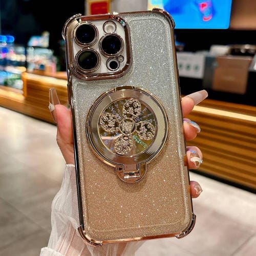 Funda con soporte giratorio para iPhone 15 Pro con purpurina degradada (dorado desierto)