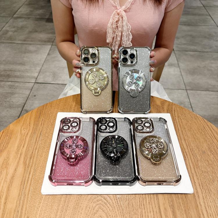 Funda con soporte giratorio para iPhone 15 Plus con purpurina degradada (negra)