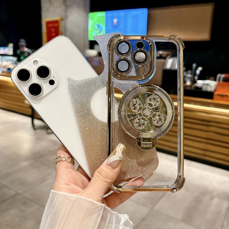 Funda con soporte giratorio para iPhone 16e con purpurina degradada (dorada)