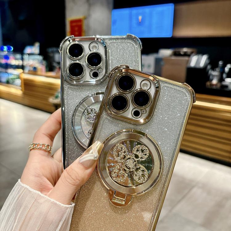 Funda con soporte giratorio para iPhone 16e con purpurina degradada (dorada)