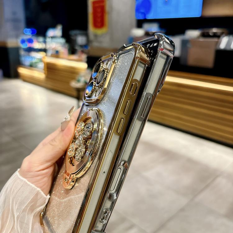 Funda con soporte para peonza con purpurina degradada para iPhone 16e (dorado desierto)