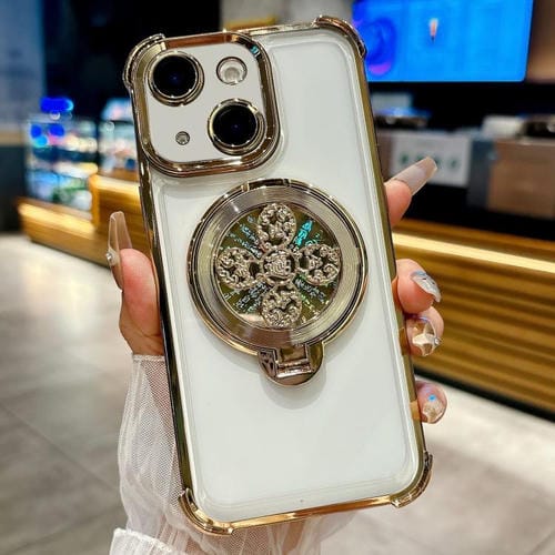 Funda con soporte giratorio para iPhone 15 Plus (dorada)