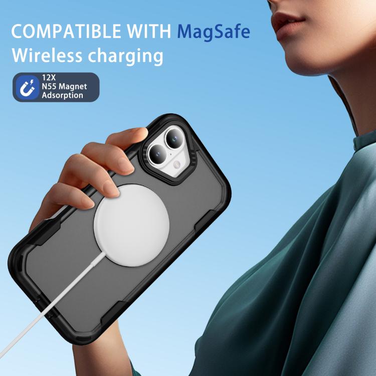 Funda protectora MagSafe para iPhone 16 (negro + gris transparente)