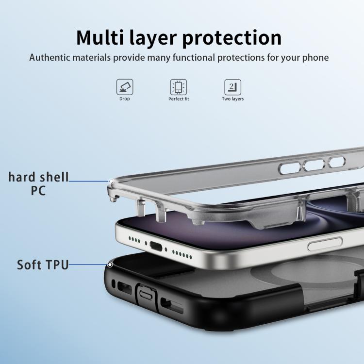 Funda protectora MagSafe para iPhone 16 (negro + gris transparente)