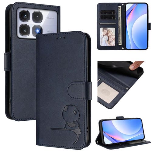 Funda de cuero RFID con estampado de panda y cordón para Redmi K70 Ultra (azul)