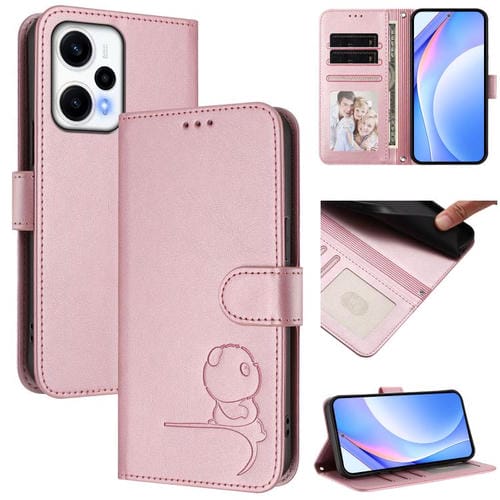 Funda de cuero con relieve RFID y cordón para Redmi Note 12 Turbo y Xiaomi Poco F5 (rosa)