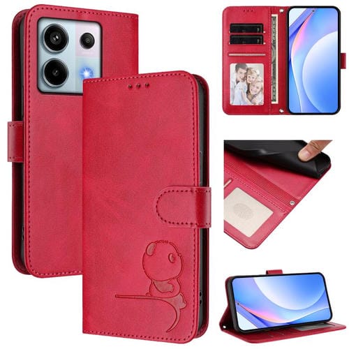 Funda de cuero RFID con estampado de panda y cordón para Redmi Note 13 Pro 5G / Poco X6 (rosa)