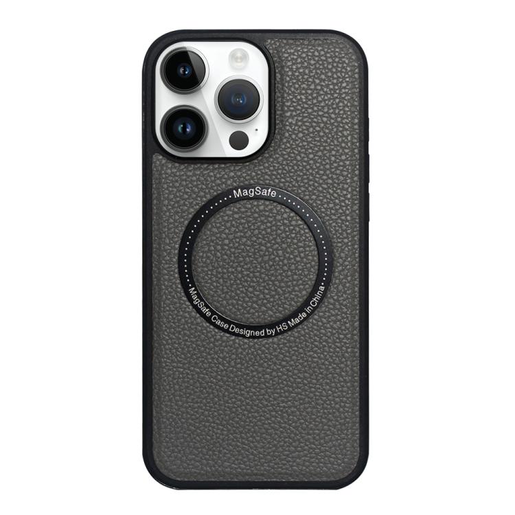 Funda trasera MagSafe de PU con textura de lichi para iPhone 15 Pro Max (gris)
