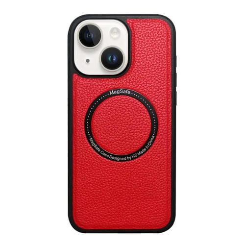 Funda trasera MagSafe de PU con textura de lichi para iPhone 14/13 (roja)