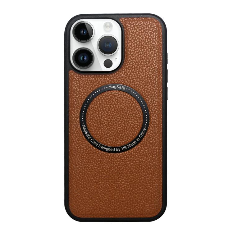 Funda trasera MagSafe de PU con textura de lichi para iPhone 14 Pro (marrón)