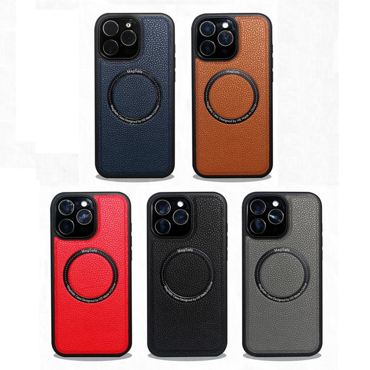 Funda trasera MagSafe de PU con textura de lichi para iPhone 14 Pro (marrón)
