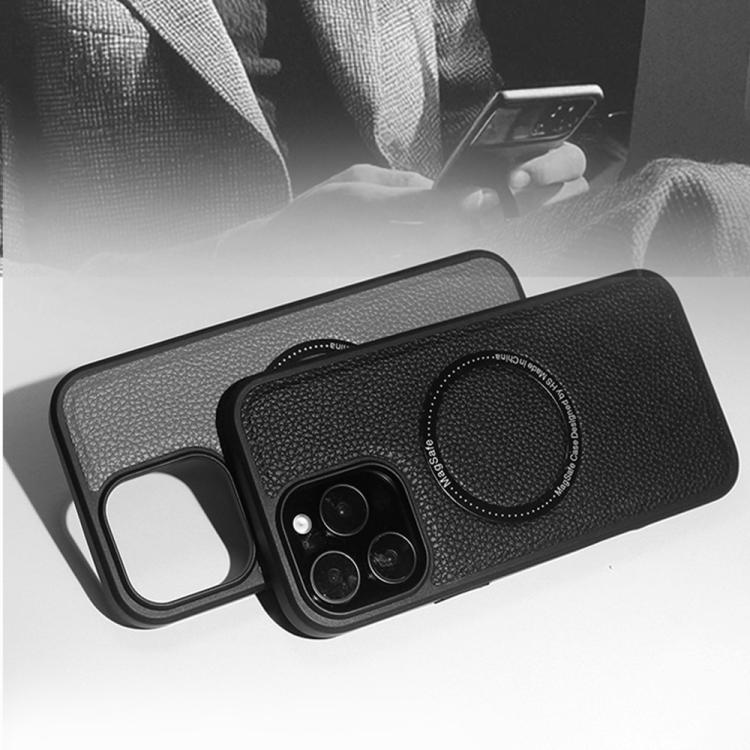 Funda trasera MagSafe de PU con textura de lichi para iPhone 15 Pro Max (gris)