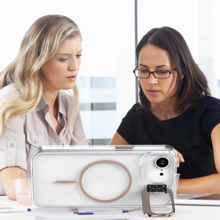Funda para iPhone 16e con marco de lente MagSafe transparente y brillante (blanco)