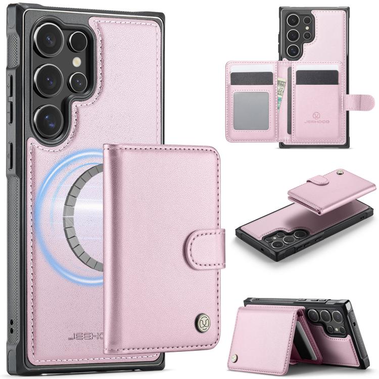 For Samsung Galaxy S23 Ultra 5G JEEHOOD J09 Buckle Card Bag MagSafe Magnetic Style RFID Leather Phone Case(Pink)