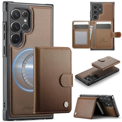 For Samsung Galaxy S22 Ultra 5G JEEHOOD J09 Buckle Card Bag MagSafe Magnetic Style RFID Leather Phone Case(Brown)