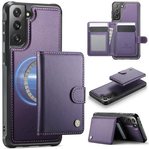 Funda de cuero con hebilla magnética para Samsung Galaxy S21+ 5G JEEHOOD J09, con ranuras para tarjetas, estilo RFID y MagSafe (morado)