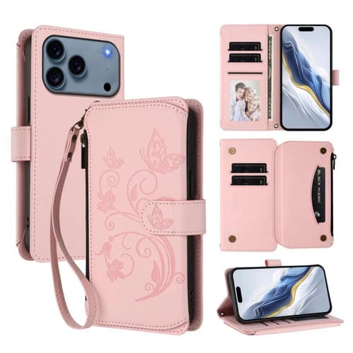 Funda de cuero con cremallera para iPhone 17 Pro Max, diseño de mariposas, flores y amor (rosa)