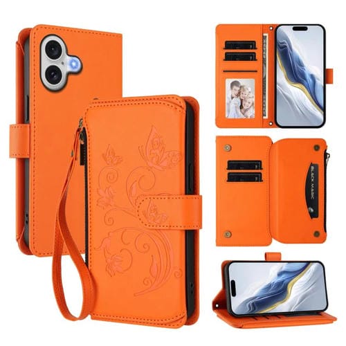 Funda de cuero con cremallera para iPhone 17, diseño de mariposas, flores y amor (naranja)