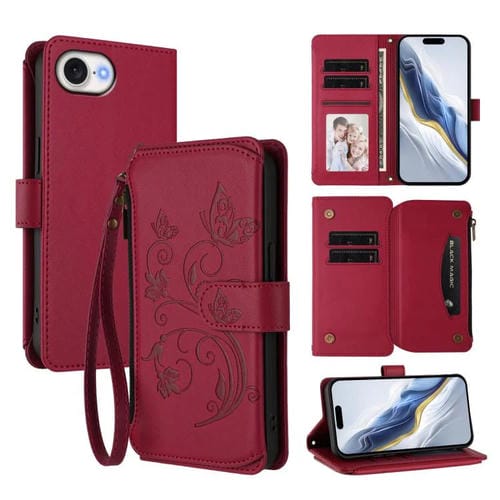 Funda de cuero con cremallera para iPhone 16e, diseño de mariposas, flores y amor (rojo vino)