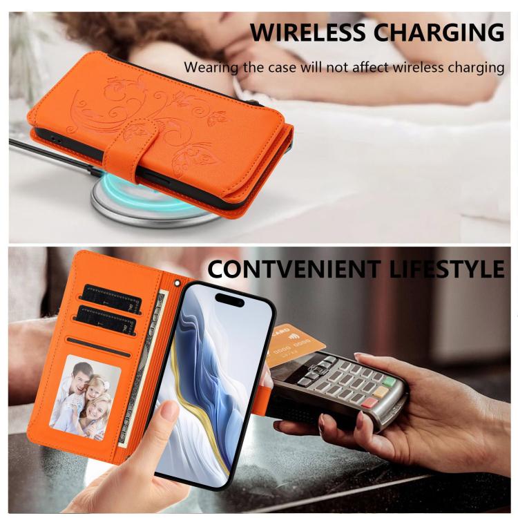 Funda de cuero con cremallera para iPhone 16e, diseño de mariposas, flores y amor (naranja)