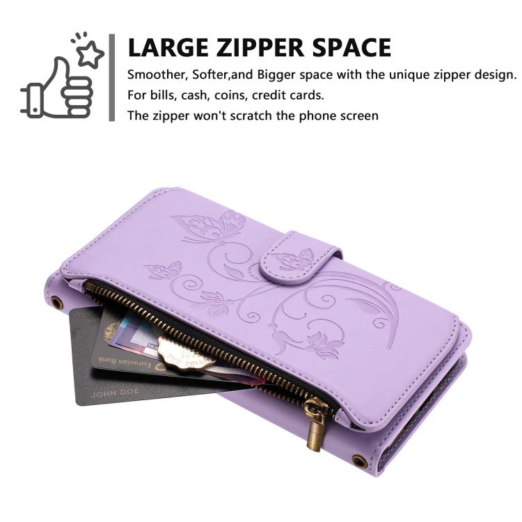Funda de cuero con cremallera para iPhone 16e, diseño de mariposas, flores y amor (morado claro)