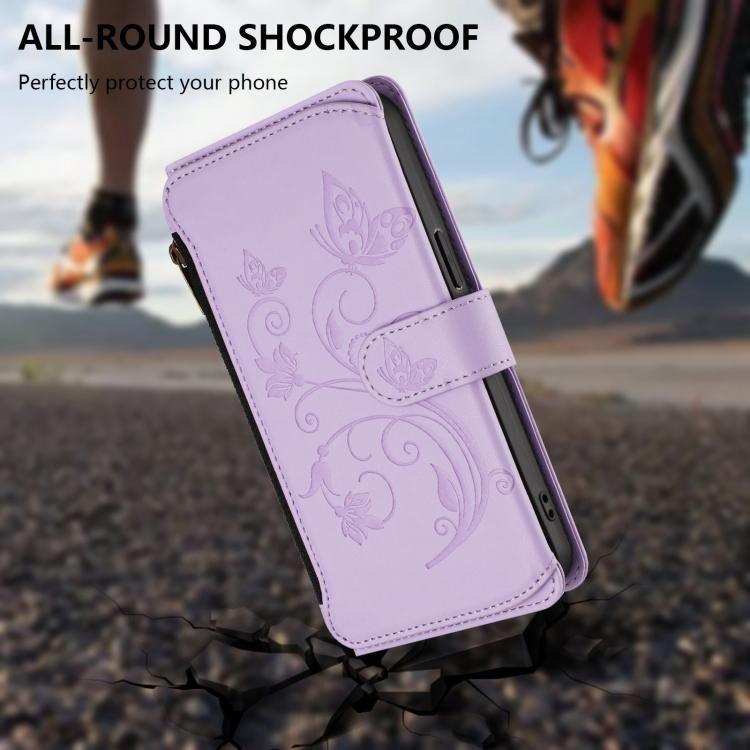 Funda de cuero con cremallera para iPhone 16e, diseño de mariposas, flores y amor (morado claro)