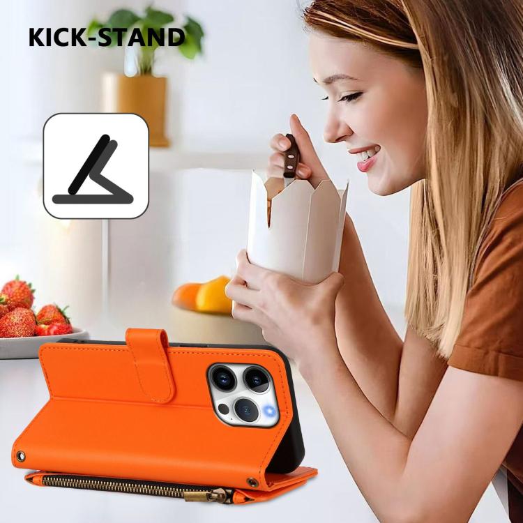 Funda de cuero con cremallera para iPhone 16 Pro Max, diseño de mariposas, flores y amor (naranja)
