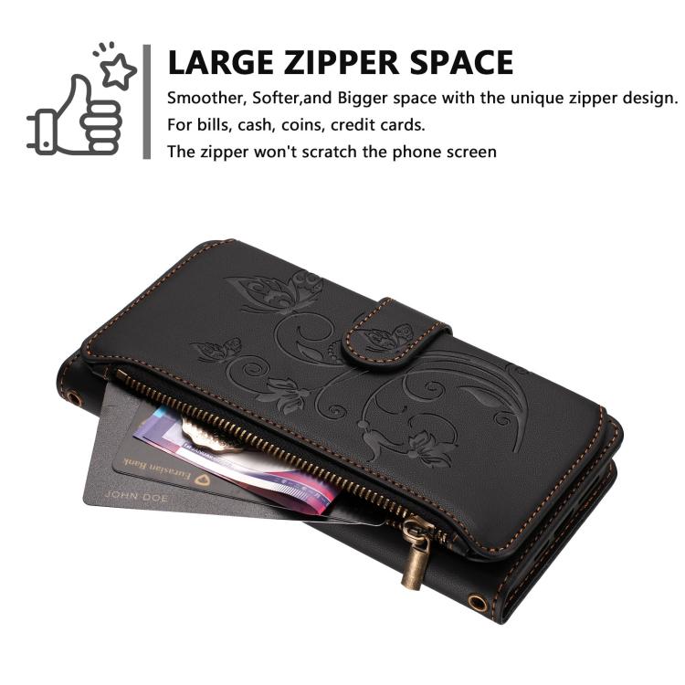 Funda de cuero con cremallera para iPhone 16 Pro, diseño de mariposas, flores y amor, con múltiples tarjetas (negro)