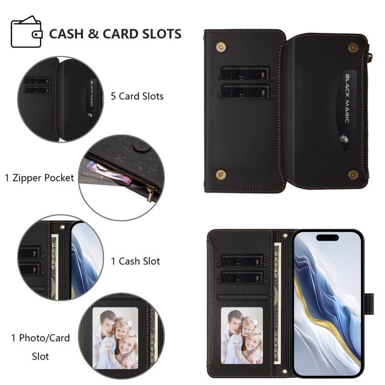 Funda de cuero con cremallera para iPhone 16 Pro, diseño de mariposas, flores y amor, con múltiples tarjetas (negro)