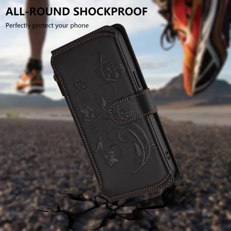 Funda de cuero con cremallera para iPhone 16 Pro, diseño de mariposas, flores y amor, con múltiples tarjetas (negro)