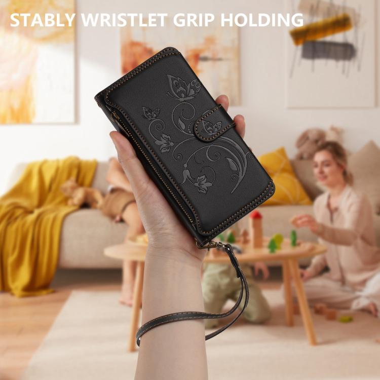 Funda de cuero con cremallera para iPhone 16 Pro, diseño de mariposas, flores y amor, con múltiples tarjetas (negro)