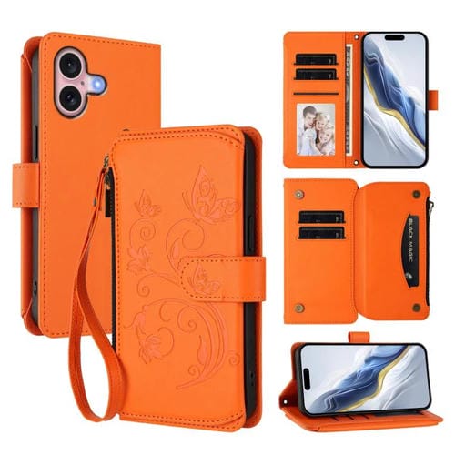 Funda de cuero con cremallera para iPhone 16 Plus, diseño de mariposas, flores y amor (naranja)