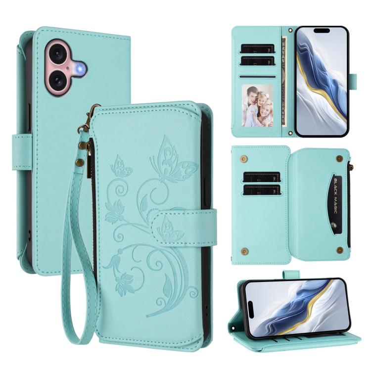 Funda de cuero con cremallera para iPhone 16 Plus, diseño de mariposas, flores y amor (verde menta)