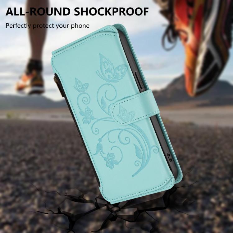 Funda de cuero con cremallera para iPhone 16, diseño de mariposas, flores y amor (verde menta)