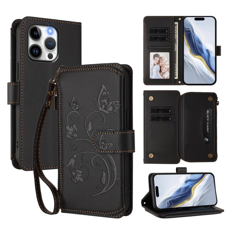 Funda de cuero con cremallera para iPhone 15 Pro Max, diseño de mariposas, flores y amor, con múltiples tarjetas (negro)