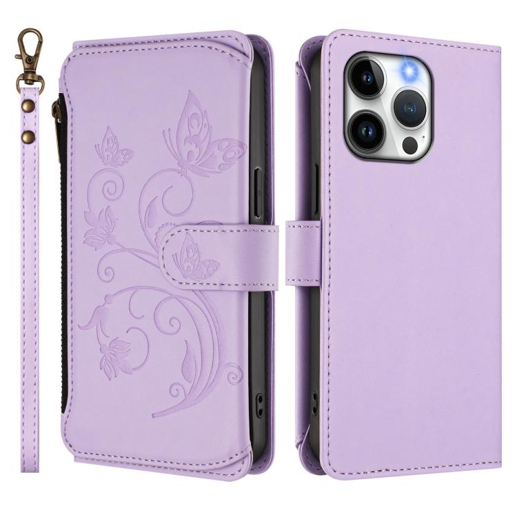 Funda de cuero con cremallera para iPhone 15 Pro Max, diseño de mariposas, flores y amor (morado claro)