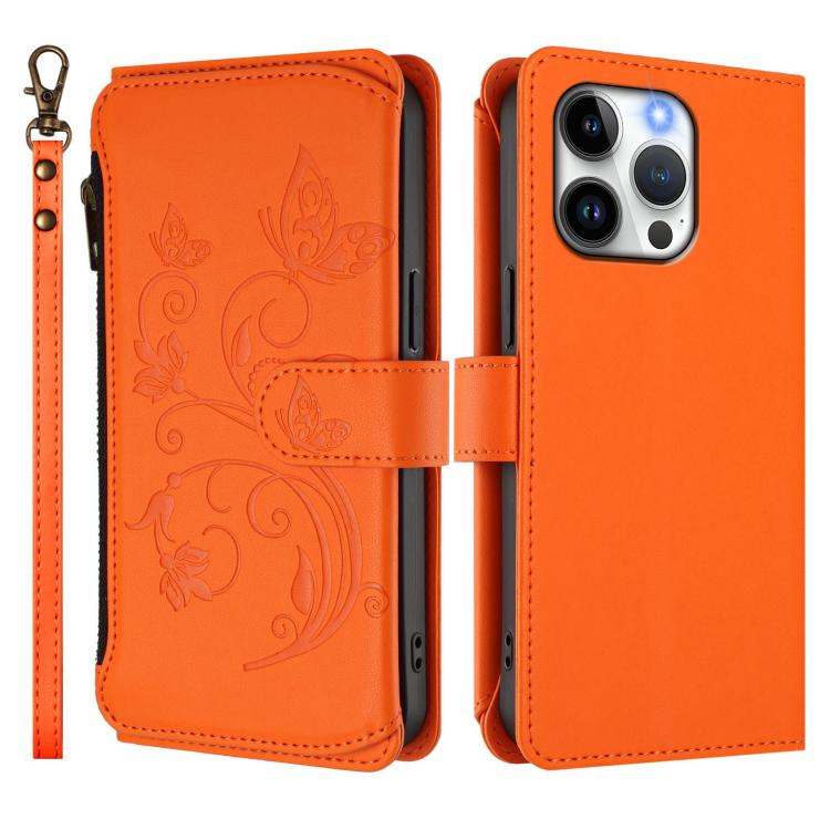 Funda de cuero con cremallera para iPhone 15 Pro, diseño de mariposas, flores y amor, con múltiples tarjetas (naranja)