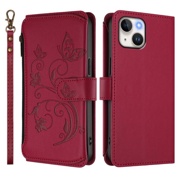Funda de cuero con cremallera para iPhone 15 Plus, diseño de mariposas, flores y amor (rojo vino)