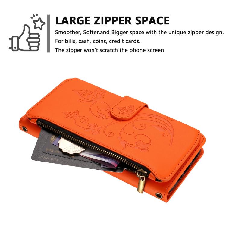 Funda de cuero con cremallera para iPhone 15 Plus, diseño de mariposas, flores y amor (naranja)