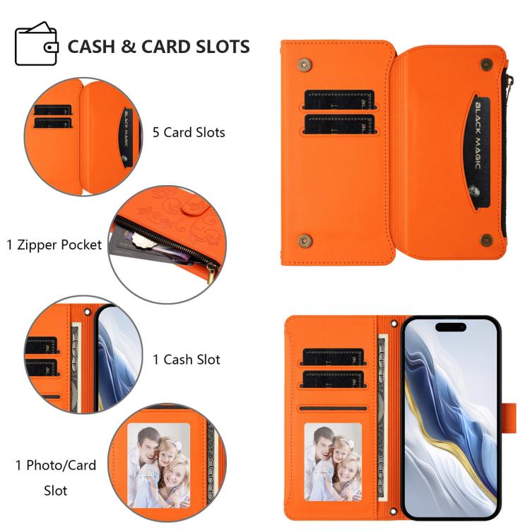 Funda de cuero con cremallera para iPhone 15 Plus, diseño de mariposas, flores y amor (naranja)