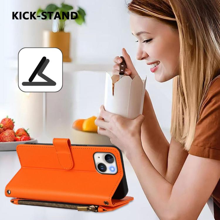 Funda de cuero con cremallera para iPhone 15 Plus, diseño de mariposas, flores y amor (naranja)