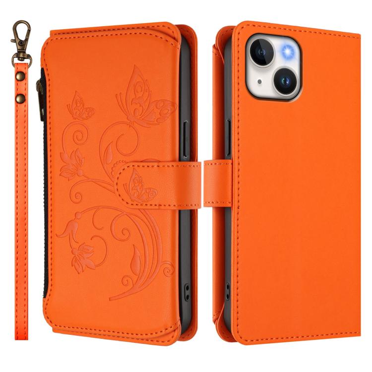 Funda de cuero con cremallera para iPhone 15, diseño de mariposas, flores y amor, con múltiples tarjetas (naranja)