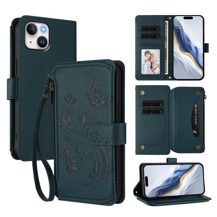 Funda de cuero con cremallera para iPhone 15, diseño de mariposas, flores y amor (verde oscuro)