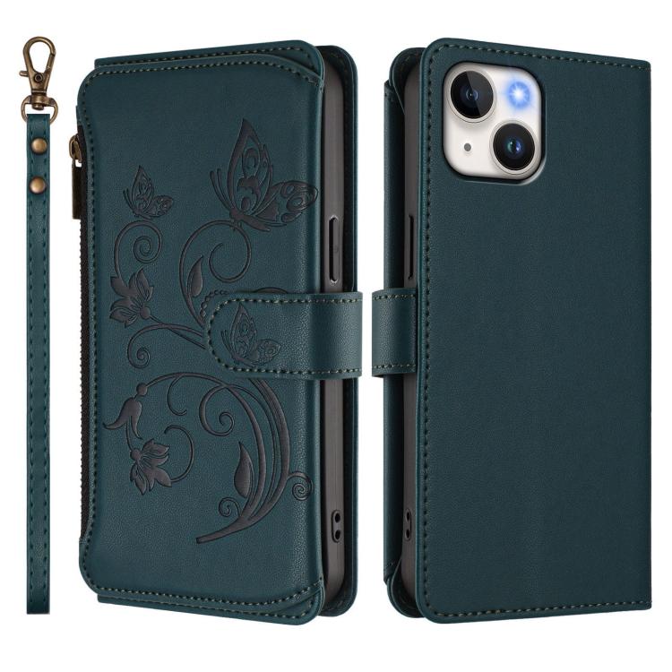 Funda de cuero con cremallera para iPhone 15, diseño de mariposas, flores y amor (verde oscuro)