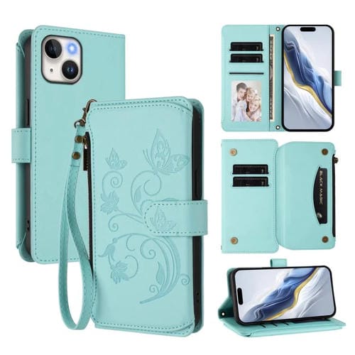 Funda de cuero con cremallera para iPhone 14/13, diseño de mariposas, flores y amor (verde menta)