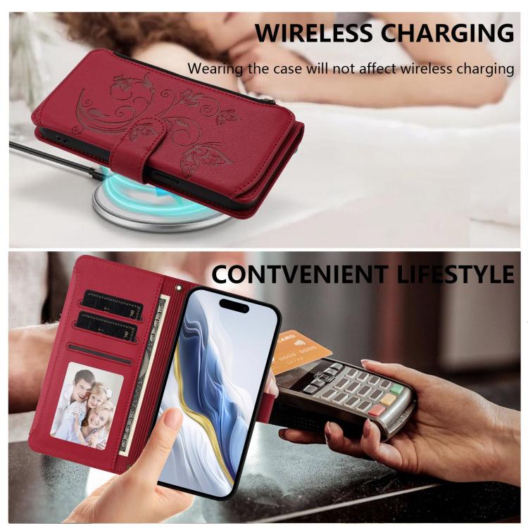 Funda de cuero con cremallera para iPhone 14 Pro Max, diseño de mariposas, flores y amor (rojo vino)