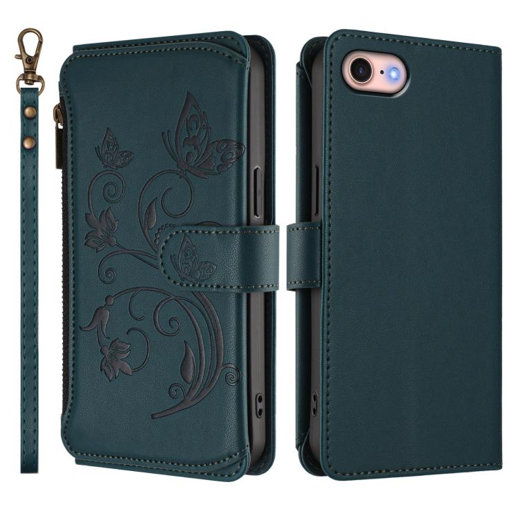 Funda de cuero con cremallera para iPhone 7/8/SE 2022, diseño de mariposas, flores y amor (verde oscuro)