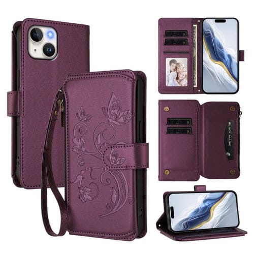 Funda de cuero con cremallera para iPhone 13 mini, diseño de mariposas, flores y amor, con múltiples tarjetas (morado oscuro)
